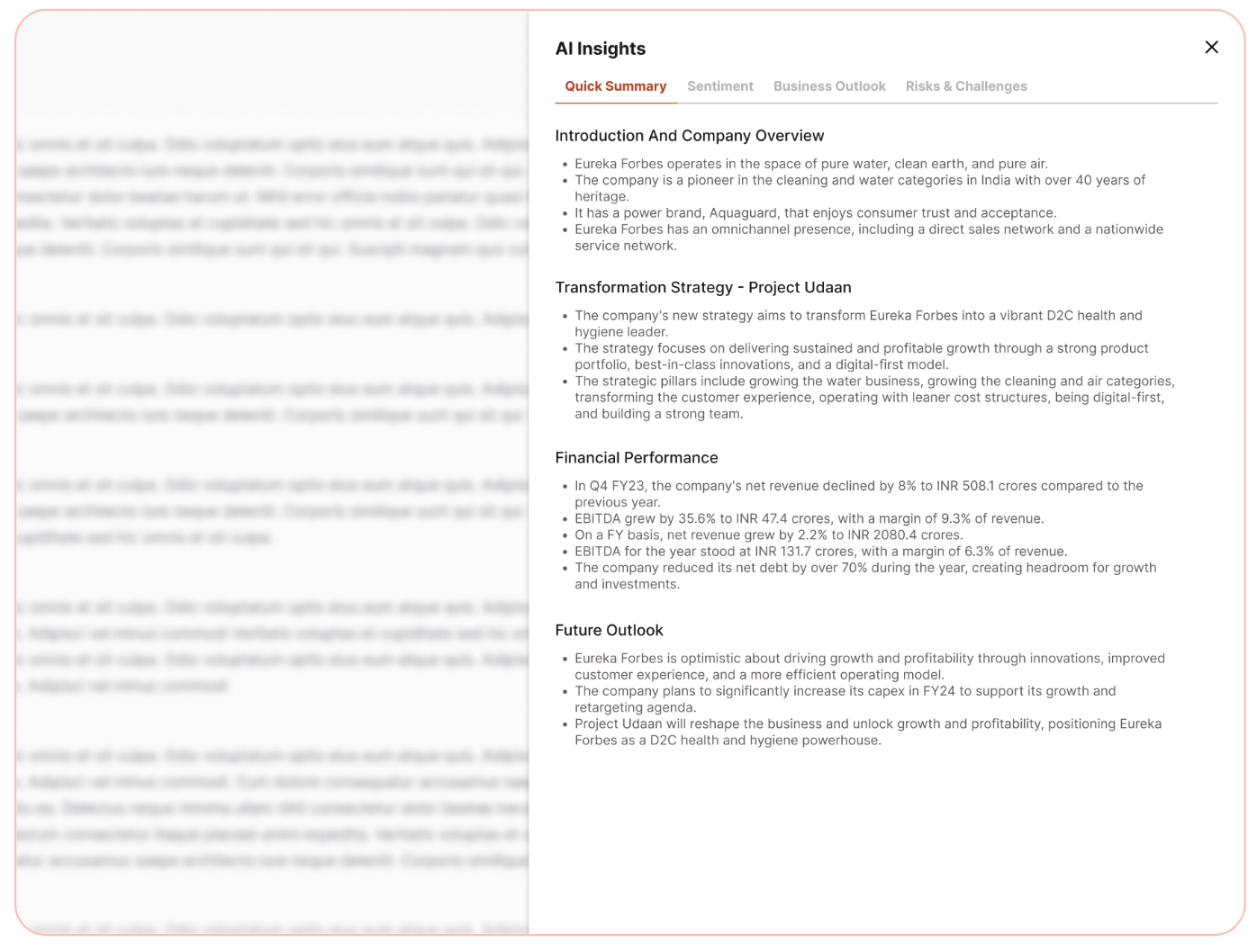 stockinsights.ai filings summary interface highlighting key insights from dense filings