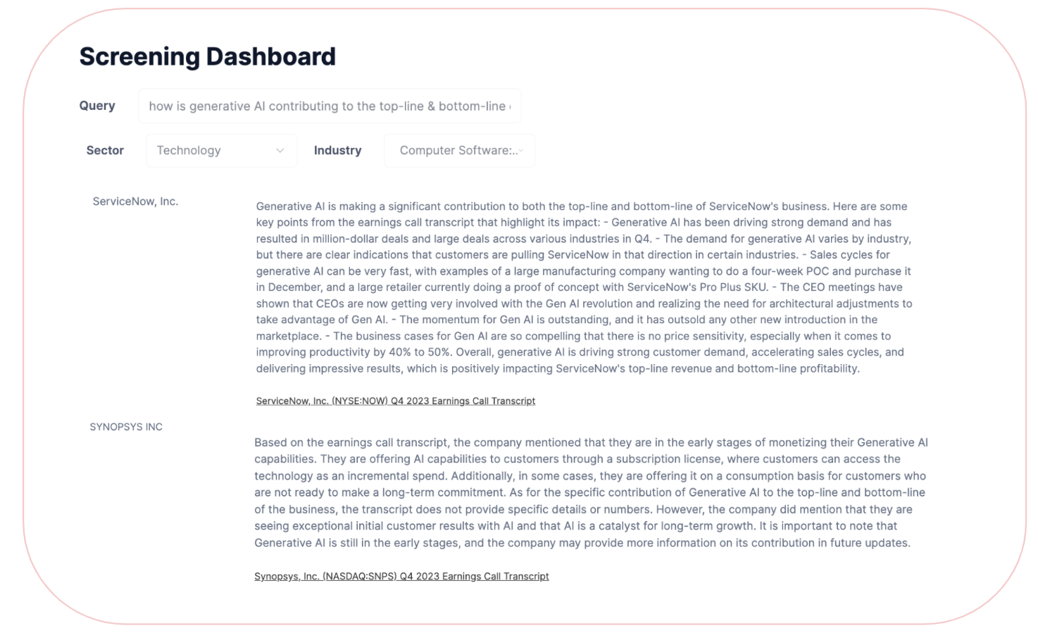 stockinsights.ai screener interface for filtering companies by filing content