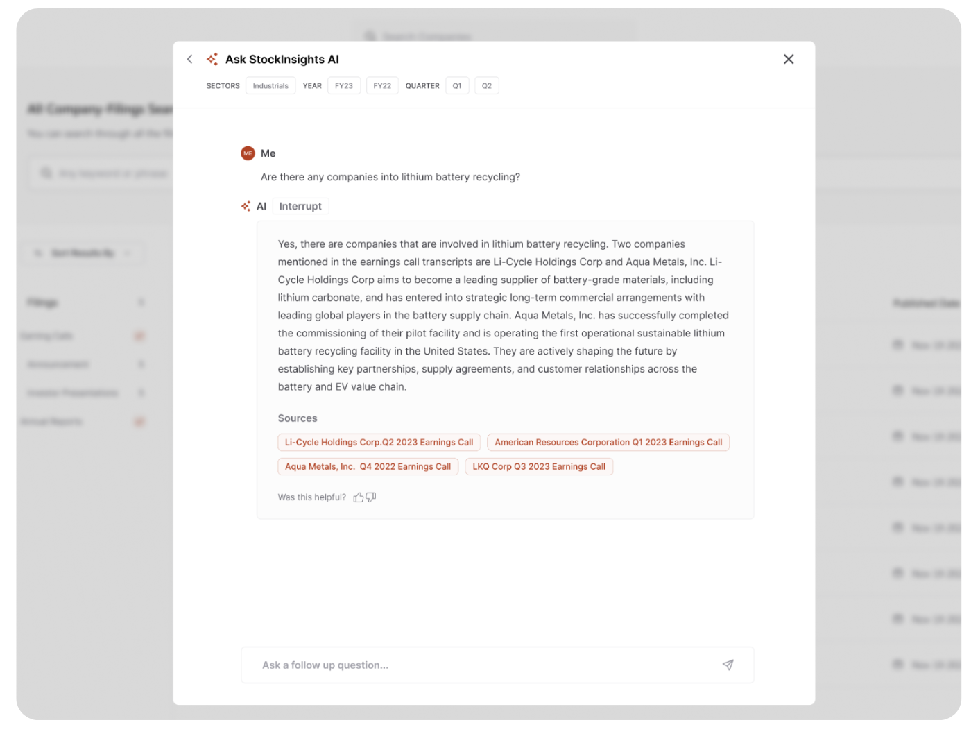 stockinsights.ai chat with filings interface for asking questions about public company filings